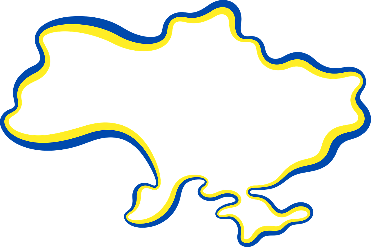 Мапа України з контурами, що зображує кольори синього та жовтого прапора на чорному фоні.